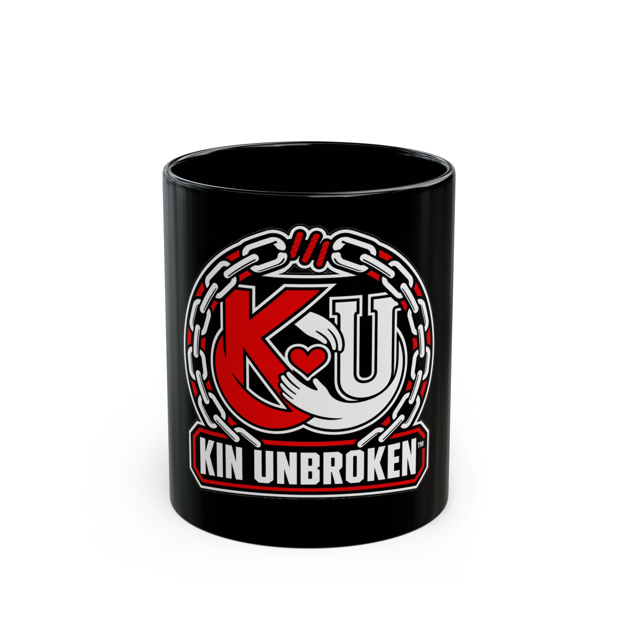 Kin Unbroken Black Mug — 11oz/15oz Coffee Cup with Chain Emblem